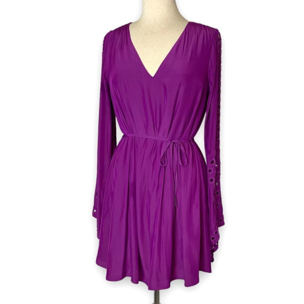 Ramy Brook Eyelet Molly Pink Purple Long Bell Sleeve Mini Dress, Beaded, Sz XS - Picture 5 of 11